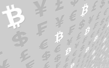 Bitcoin and currency on a gray background. Digital Cryptocurrency symbol. Business concept. Market Display. 3D illustration