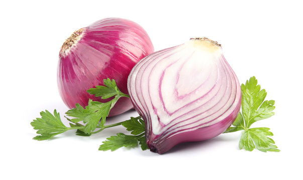 Ripe red onions and parsley on white background
