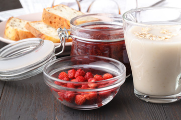 Healthy breakfast: overnight oats with fresh blueberries in a glass jar