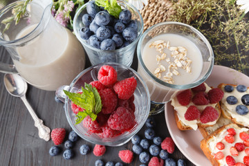 Healthy breakfast: overnight oats with fresh blueberries in a glass jar