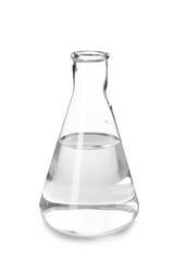 Flask with liquid on white background. Laboratory analysis equipment
