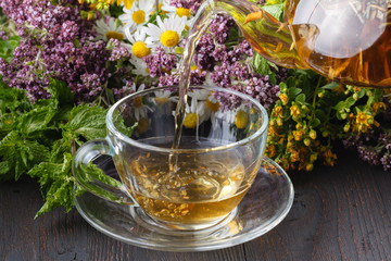 Cup of herbal tea with fresh herbs