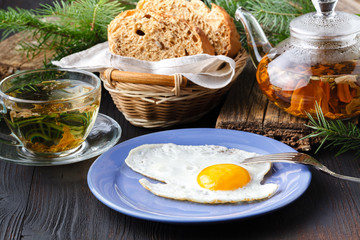 Fried eggs with toasts and drink, traditional breakfast