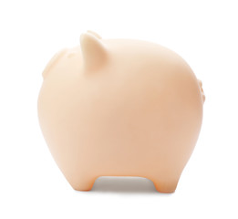 Cute piggy bank on white background. Money saving