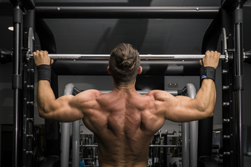 Fototapeta na wymiar Hombre fuerte con grandes músculos haciendo dominadas en el gimnasio de espaldas. Ponerse en forma.