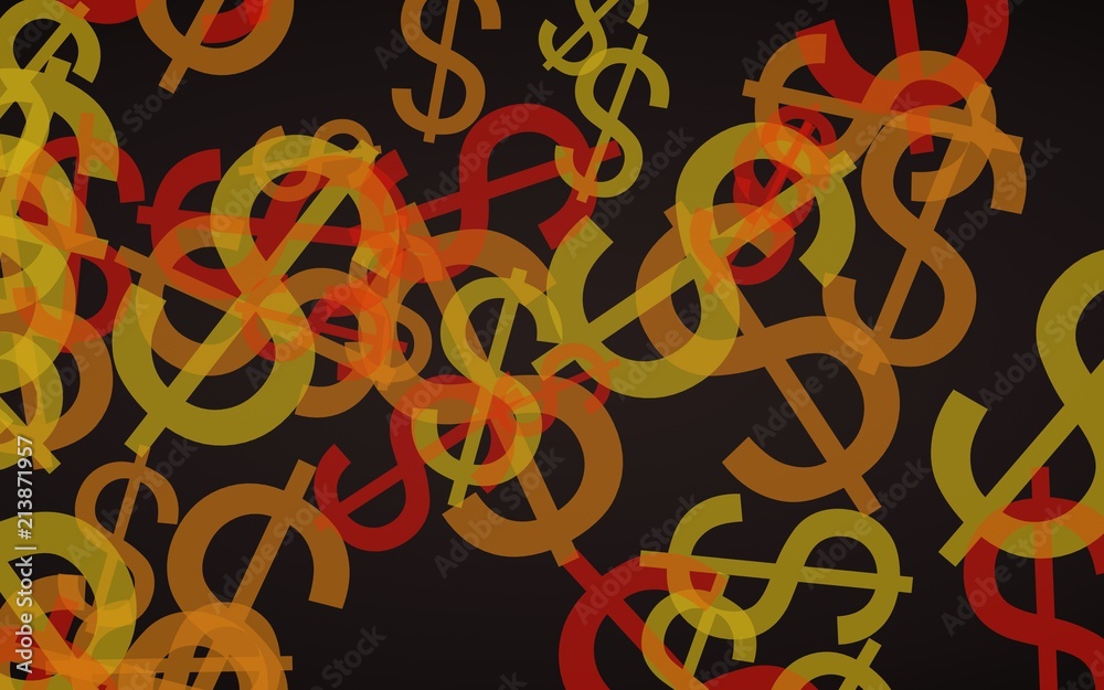 Wall mural multicolored translucent dollar signs on dark background. orange tones. 3d illustration