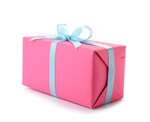 Beautiful gift box with ribbon on white background