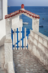 Old Blue Wooden Gate and Traditional Greece Architecture