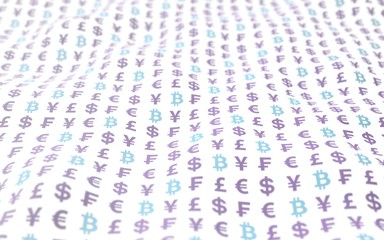 Bitcoin and currency on a white background. Digital Cryptocurrency symbol. Wave effect, currency market fluctuations. Business concept. 3D illustration