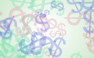 Multicolored translucent dollar signs on white background. Green tones. 3D illustration