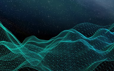 Abstract landscape on a dark background. Star horizon. Cyberspace grid. Hi-tech network. Outer space. Starry outer space texture. 3D illustration