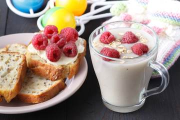 Healthy breakfast: overnight oats with fresh blueberries in a glass jar