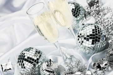 Champagne Glasses and Christmas Decorations