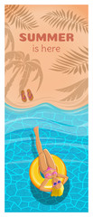 Vertical summer card with a cute blonde girl. A girl floats in the sea on an inflatable circle. Summer is here. Vector illustration
