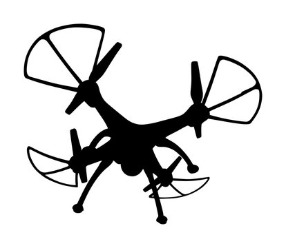 Drone in air vector silhouette illustration isolated on white background. Drone vector silhouette.