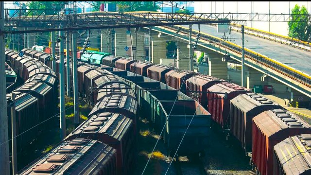Freight trains at a station. Aerial view of freight trains.