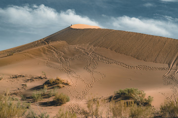 Sand dunes under blue sky. Sahara Desert, Previously, village houses transferred due to sands...