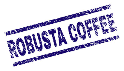 ROBUSTA COFFEE stamp seal watermark with distress style. Blue vector rubber print of ROBUSTA COFFEE text with dirty texture. Text title is placed between parallel lines.