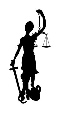 Statue of Justice symbol vector silhouette isolated on white background, legal law.  Justitia the Roman goddess of Justice. Goddess Themis blindfolded  with sword of justice and weights in her hands.