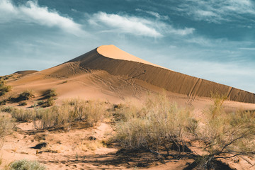 Naklejka premium Sand dunes under blue sky. Sahara Desert, Previously, village houses transferred due to sands movement.
