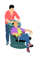 Beautiful young woman washes hair in a beauty salon vector illustration. Hairstylist washing client's hair in hair washing chairs. Hairdresser washing head. Barber washes girl had in barbershop.