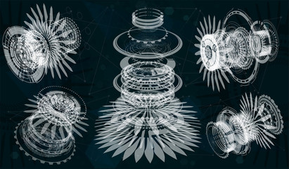 Mechanical scheme, vector illustration with circles and geometric parts of the mechanism. Jet engine of airplane in HUD UI style, Industrial aerospase blueprint. future engineering in futuristic style © SergeyBitos