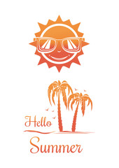 Summer sun logo design. Hello summer. Sun in sunglasses over the sea shore with palm trees. Vector illustration isolated on white background