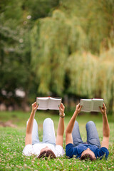 Relaxed young couple reading books while lying on grass