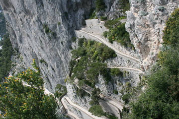 Long, twisting road/serpentine along the island of Capri, Italy