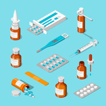 Pharmacy, medicine and healthcare vector 3d isometric icons set. Pills, drugs, bottles flat illustration