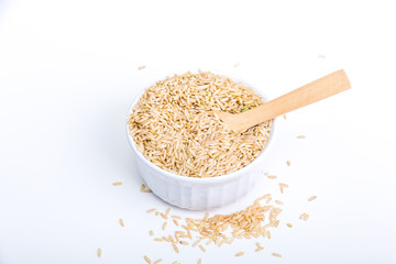 Brown Rice in a White Bowl with Wood Spoon
