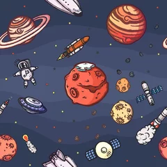 Gordijnen Hand getrokken astronomie doodle naadloze patroon. © awesomedwarf