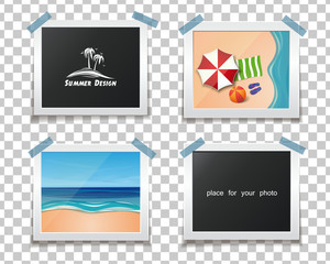 Summer design. Summer photos on a transparent background. Sun, sea, palm trees and sand. Template for photo album. Vector illustration