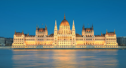 Parliament building in Budapest, Hungary in evening lights