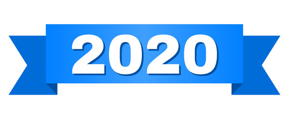 2020 text on a ribbon. Designed with white title and blue stripe. Vector banner with 2020 tag.