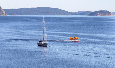 Boat and seaplane at the Rosario bay, Orcas Island, WA