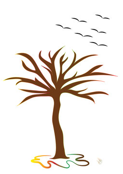  Isolated  autumn tree with birds, vector format.