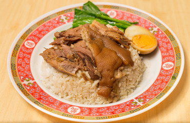 Stewed pork leg on rice with boiled egg, Traditional food in Thailand.