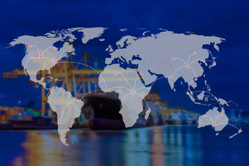 Shipping and world map with blur ship crane and container for export or logistic background, Part of this image furnished by NASA