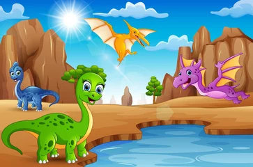 Photo sur Plexiglas Chambre denfants Dinosaures heureux de dessin animé vivant dans le désert