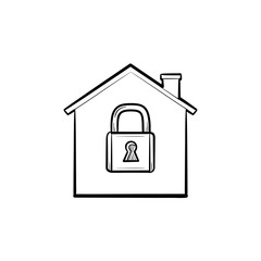 House with closed lock hand drawn outline doodle icon. Home protection with locked padlock symbol, security. Vector sketch illustration for print, web, mobile and infographics on white background.
