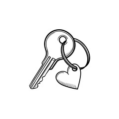 Door key with heart shaped keyholder hand drawn outline doodle icon. Love, romance, safety, property concept. Vector sketch illustration for print, web, mobile and infographics on white background.