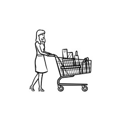 Woman with shopping cart full of bags hand drawn outline doodle icon. Retail, market, sales, commerce concept. Vector sketch illustration for print, web, mobile and infographics on white background.