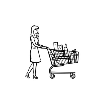 Woman with shopping cart full of bags hand drawn outline doodle icon. Retail, market, sales, commerce concept. Vector sketch illustration for print, web, mobile and infographics on white background.