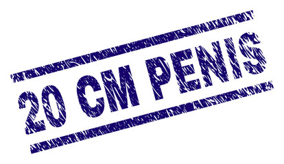 20 CM PENIS stamp seal watermark with distress style. Blue vector rubber print of 20 CM PENIS tag with dirty texture. Text tag is placed between parallel lines.