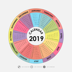 2019 Calendar Template.Circle calendar template.Calendar 2019 Set of 12 Months.Starts from Sunday.Yearly calendar vector design stationery template.Vector illustration.