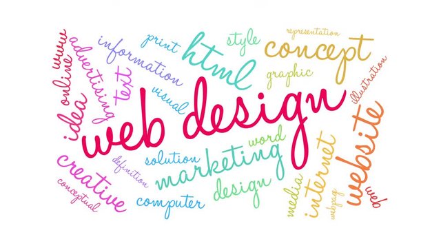 Web Design animated word cloud on a white background.