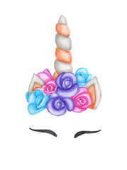 Watercolor unicorn with flower on head. A fairytale illustration isolated on a white background. Can be used for birthday card, baby poster, party invitation.