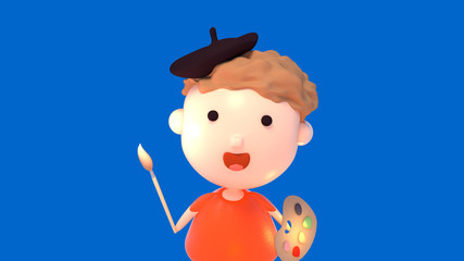 Cartoon artist holding a paintbrush and a color palette on blue background. 3d rendering picture.