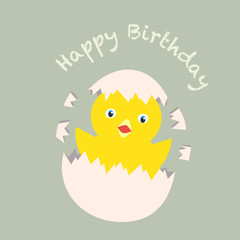 Cute little chicken in broken egg and words Happy Birthday Vector Illustration